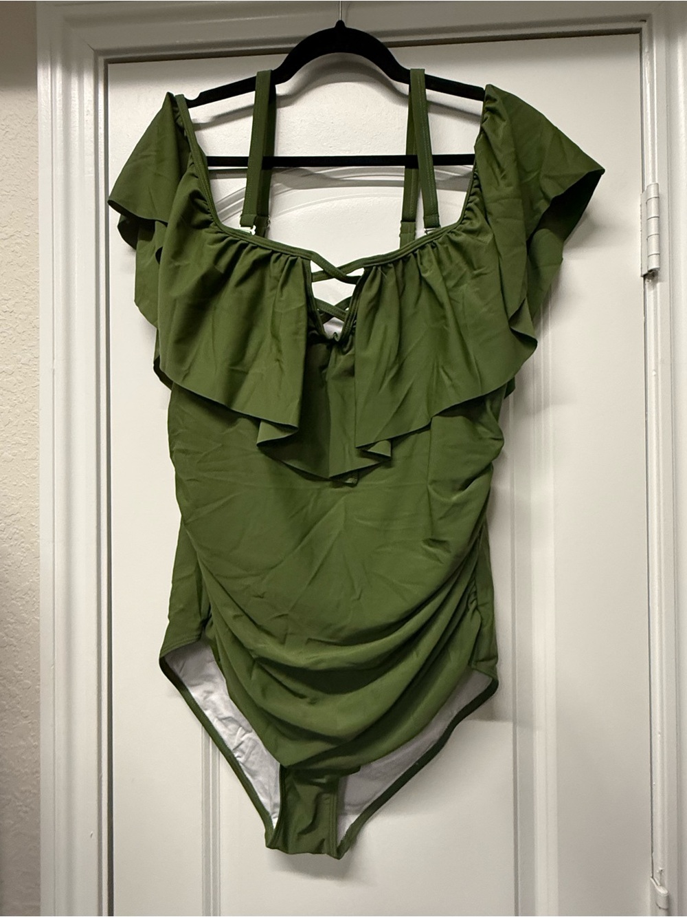 NWT Olive Green Ruffle One Piece Swimsuit Off Shoulder Strappy Back